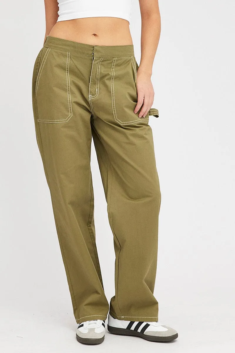 Green Cargo Pants Mid Rise Contrast Stitch Trendy Appeal