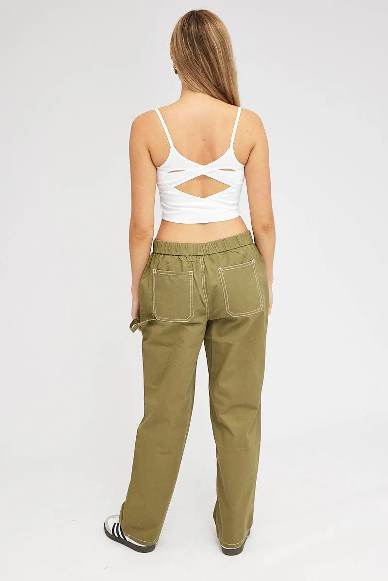 Green Cargo Pants Mid Rise Contrast Stitch Perfect Look Active Stretch