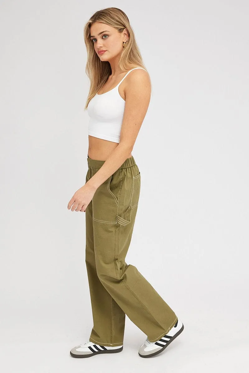 Green Cargo Pants Mid Rise Contrast Stitch Active Stretch
