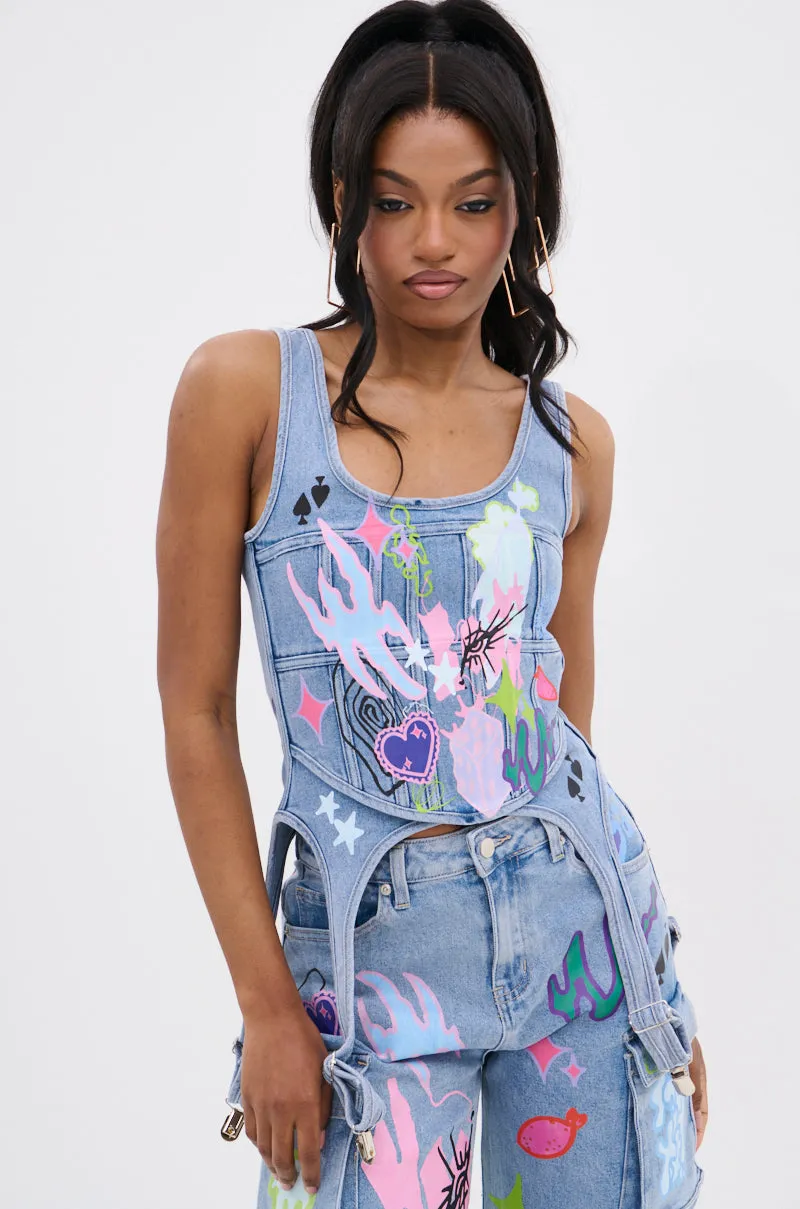 Flatlock stitching WILD SOUL GRAFFITI CORSET TOP
