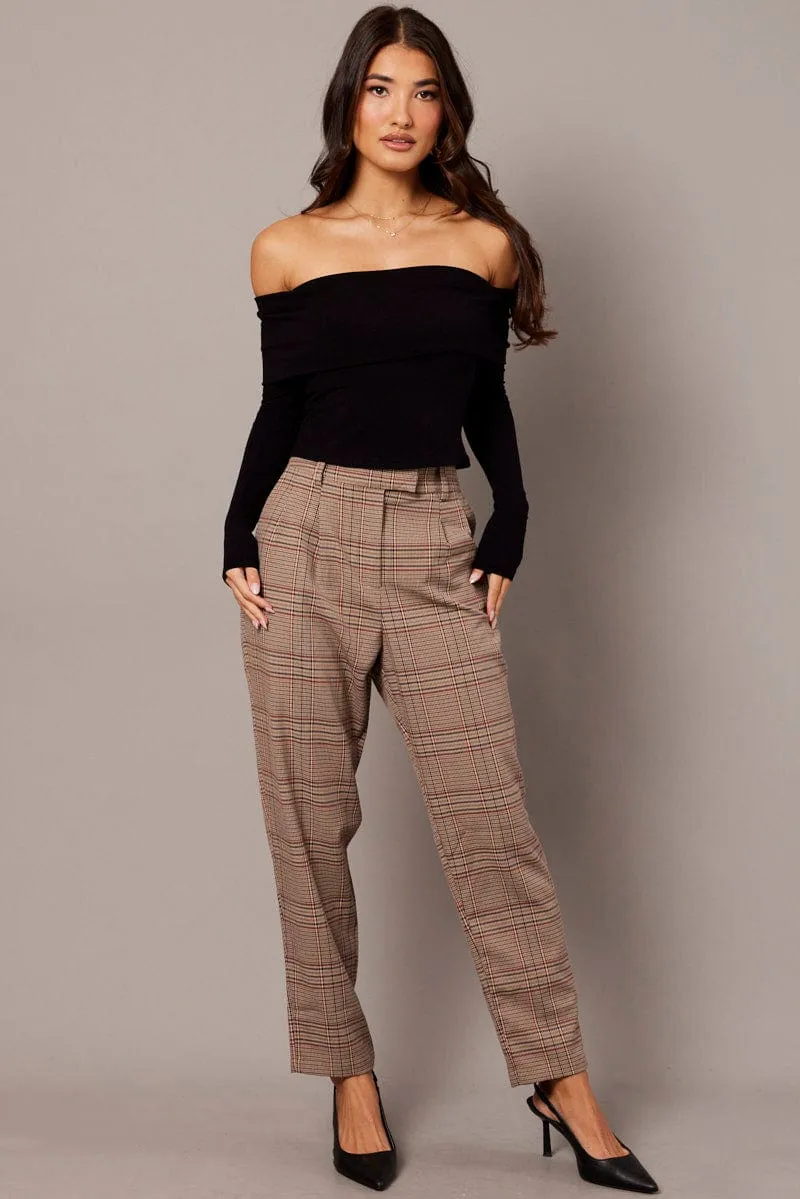 Quick Pack Beige Check Tapered Pants High Rise