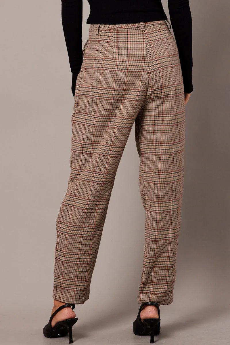 Beige Check Tapered Pants High Rise NonBindingWaistline