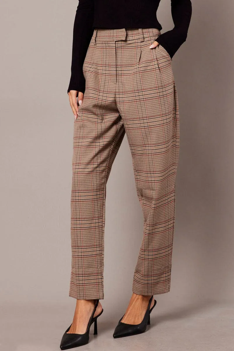 Beige Check Tapered Pants High Rise Solid shade Lightweight