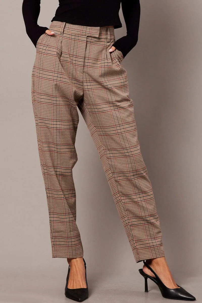 Beige Check Tapered Pants High Rise Air Circulation Essential Wearable