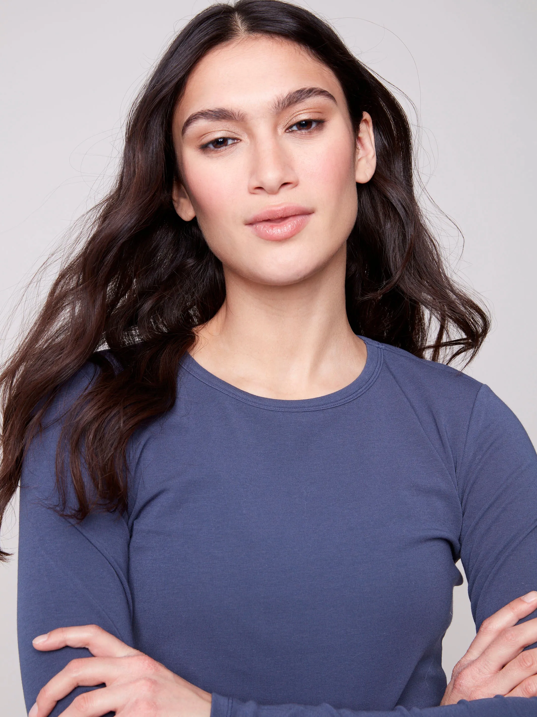 Cotton Blend Long Sleeve Crew Neck Top - Denim Breathable Mesh Panels Comfort Fit