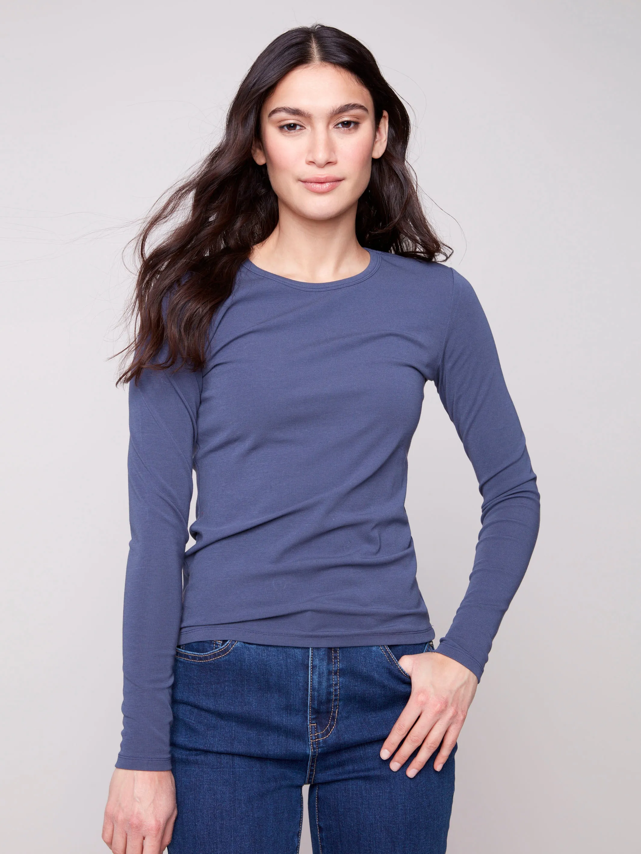 Cotton Blend Long Sleeve Crew Neck Top - Denim Brave Fit LayeredConstruction