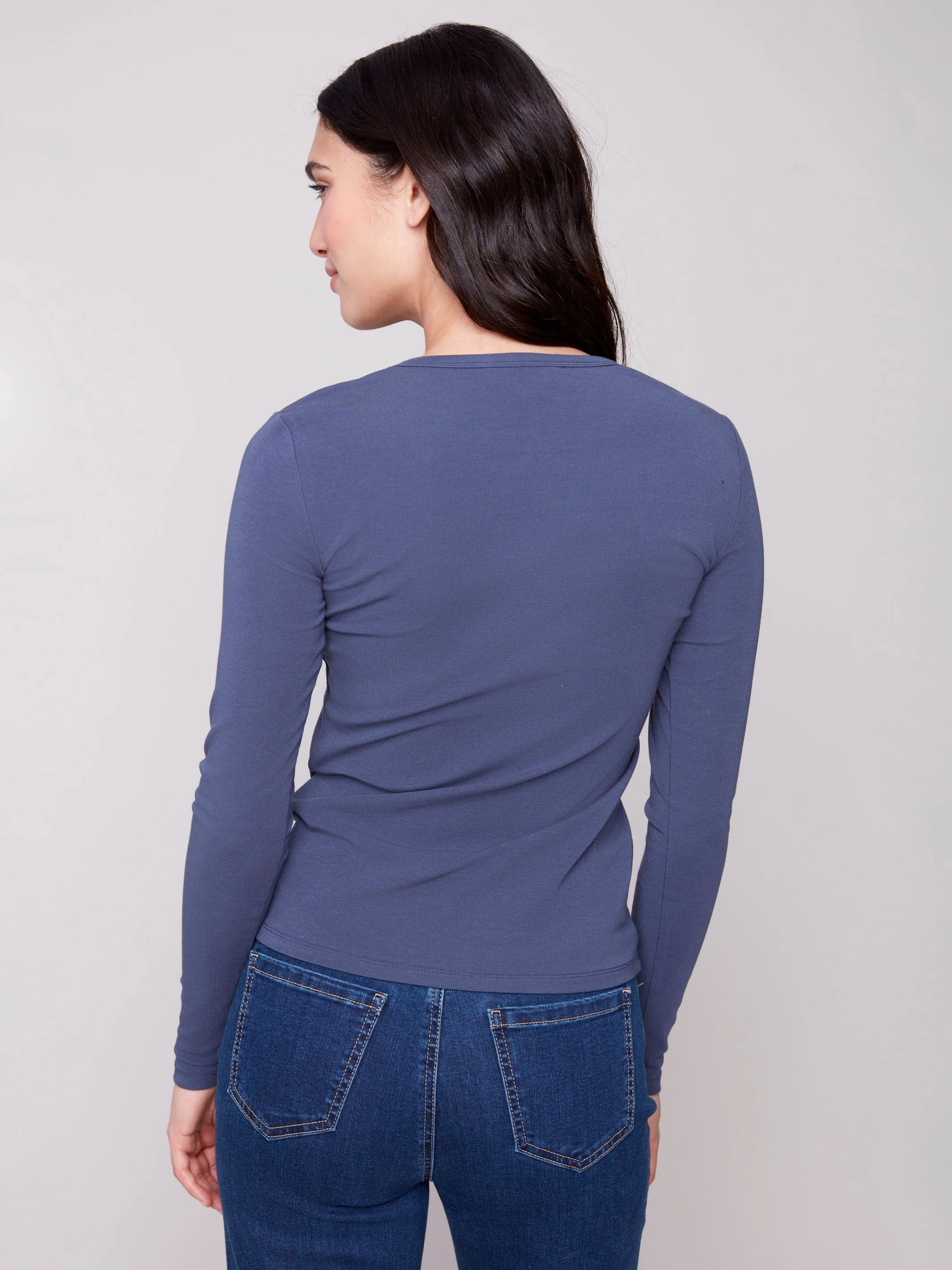 Cozy Fit Cotton Blend Long Sleeve Crew Neck Top - Denim