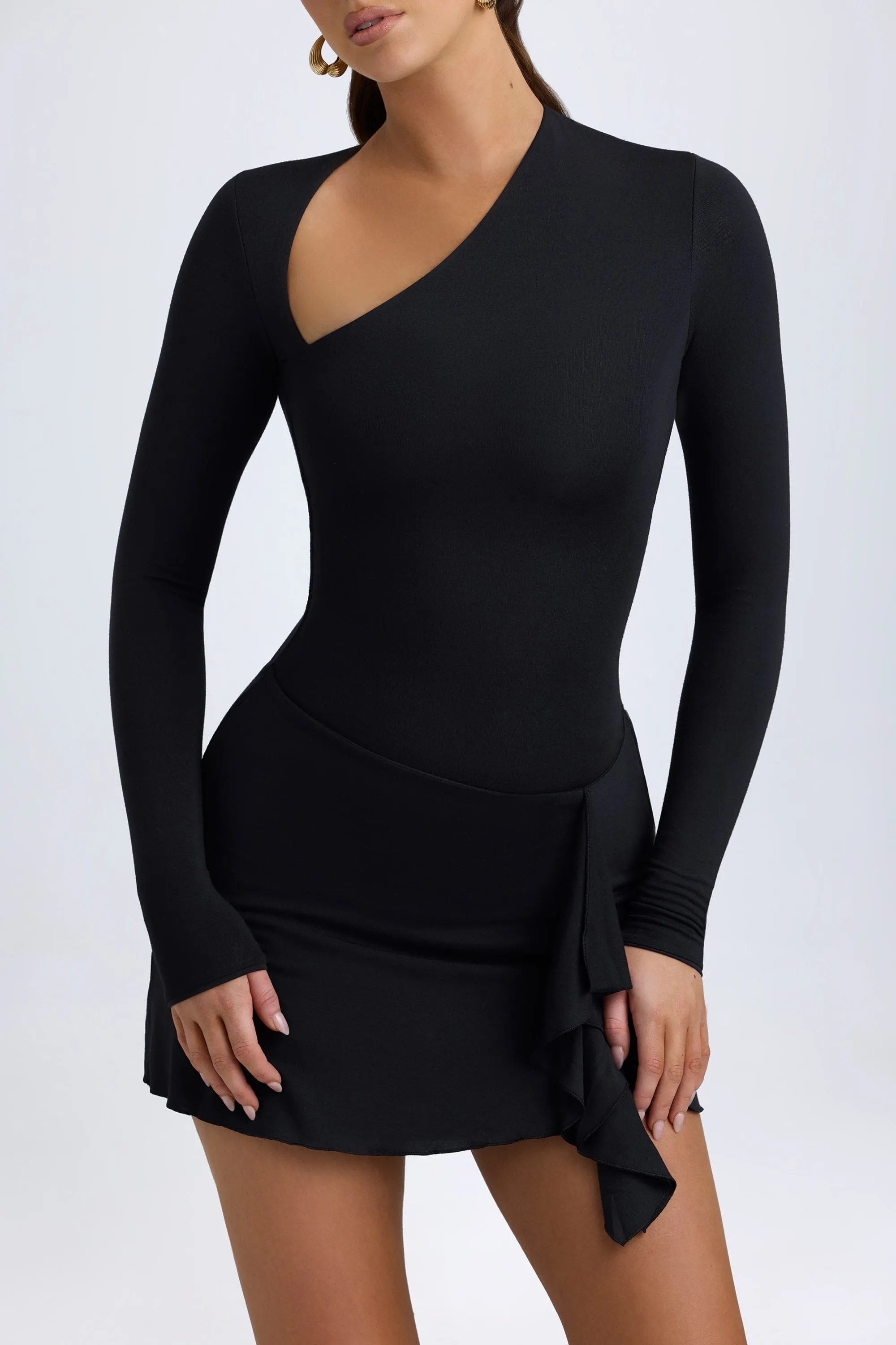 Photo Ready Bold Glow Modal Asymmetric A-Line Mini Dress in Black