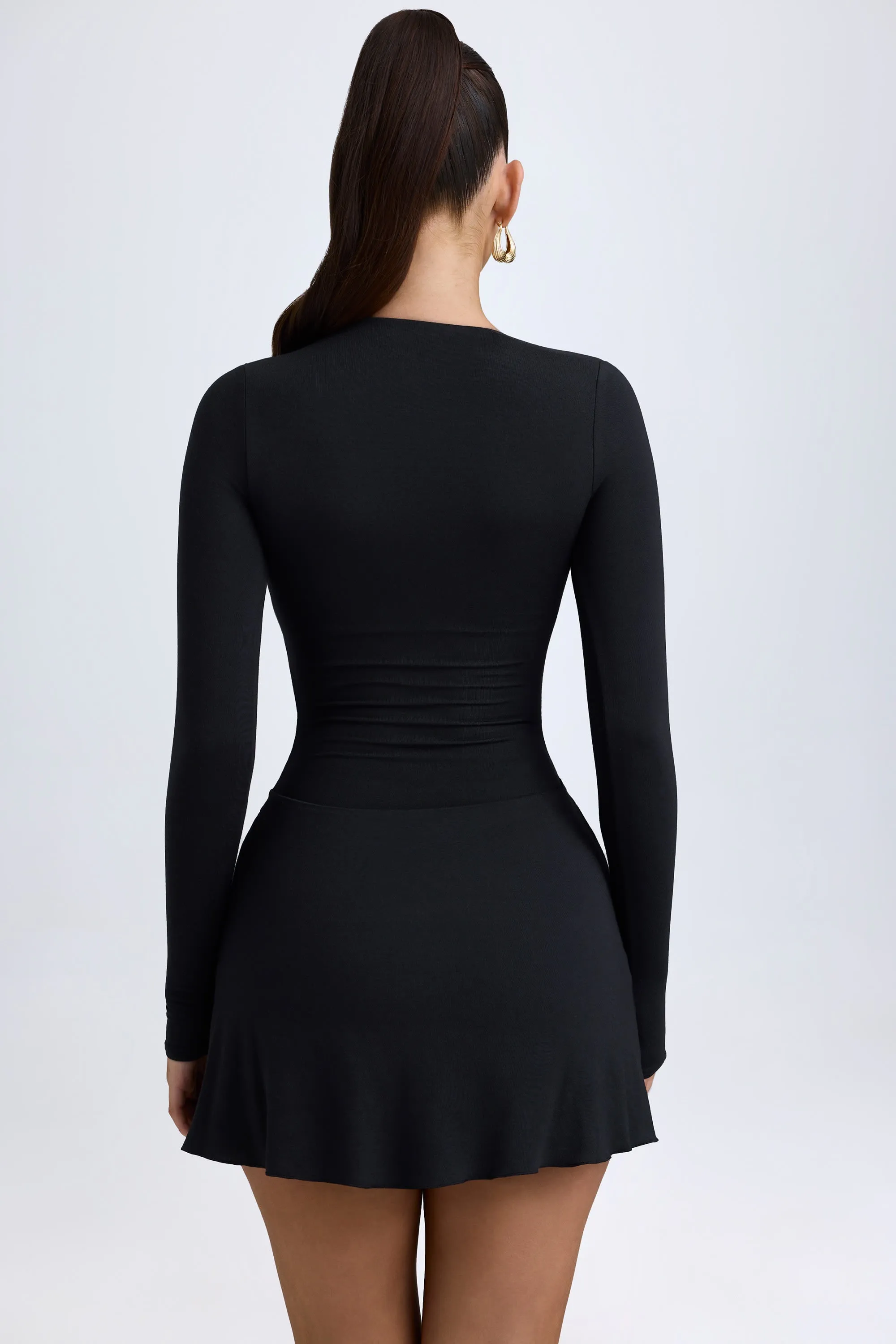 Modal Asymmetric A-Line Mini Dress in Black Keyhole Neckline Style Built In Pockets