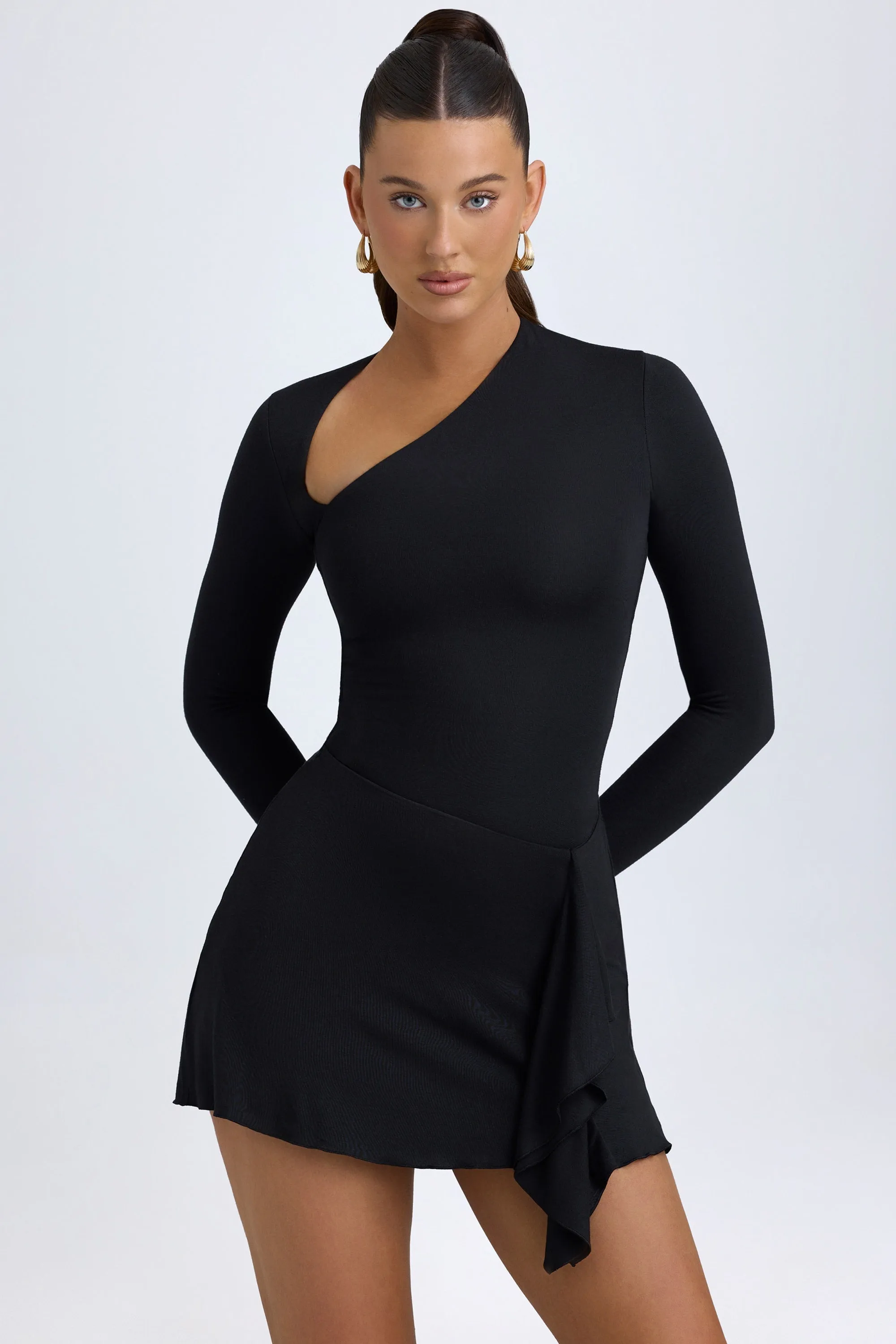 Chic Spirit Move Easy Modal Asymmetric A-Line Mini Dress in Black