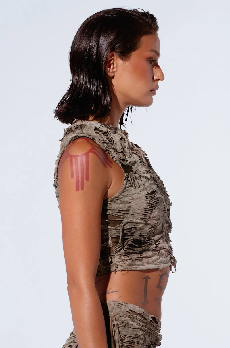 QUEEN OF LOVE DISTRESSED TOP IN GREEN Research - enabling