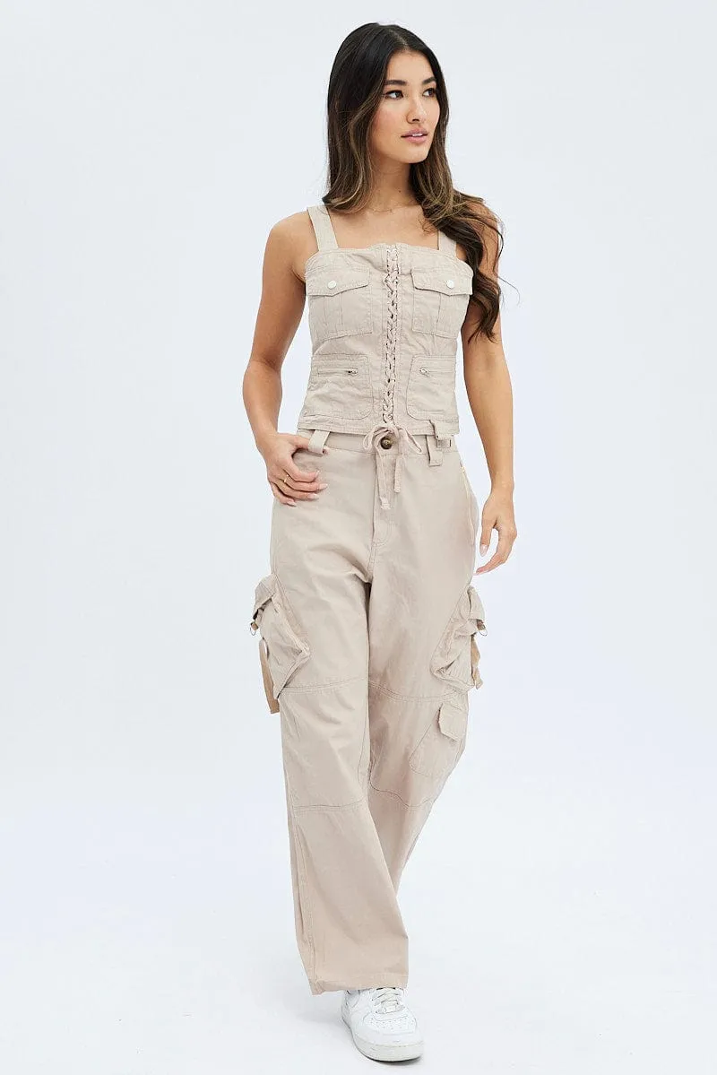 Sporty Comfort ReinforcedStitching Beige Cargo Pants Low Rise