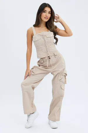 Bootcut shape Contoured Panel Design Beige Cargo Pants Low Rise