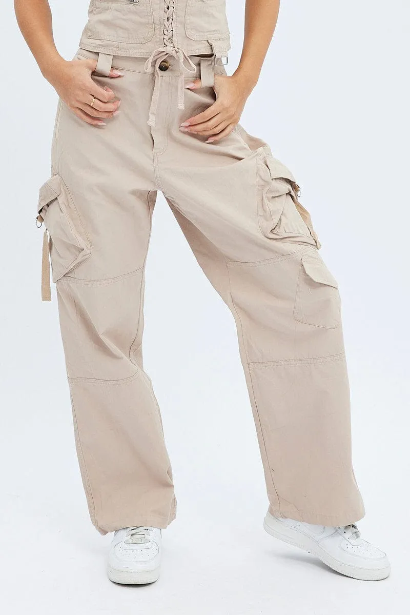 Beige Cargo Pants Low Rise Cozy Design