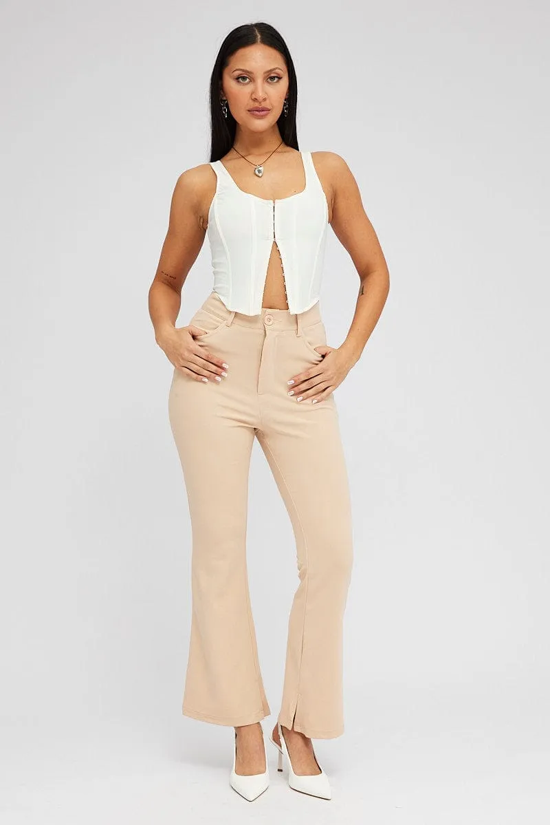 Fashionable Waist Beige Flare Leg Pants High Rise