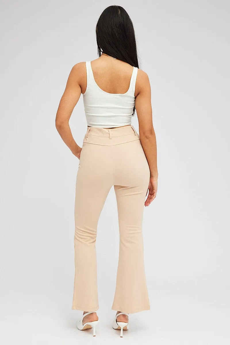 Beige Flare Leg Pants High Rise Fresh Fit