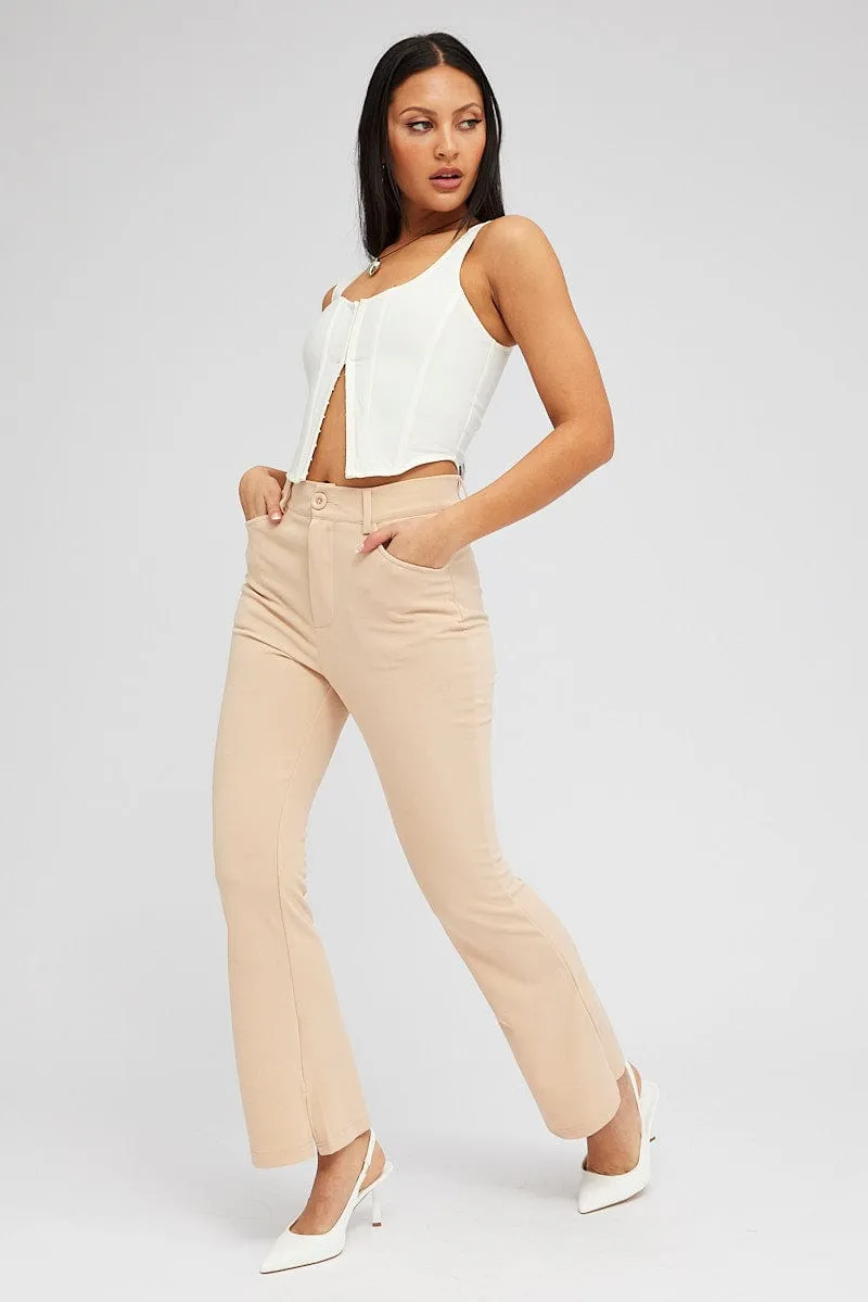 Chic Design Non Irritating Seams Beige Flare Leg Pants High Rise