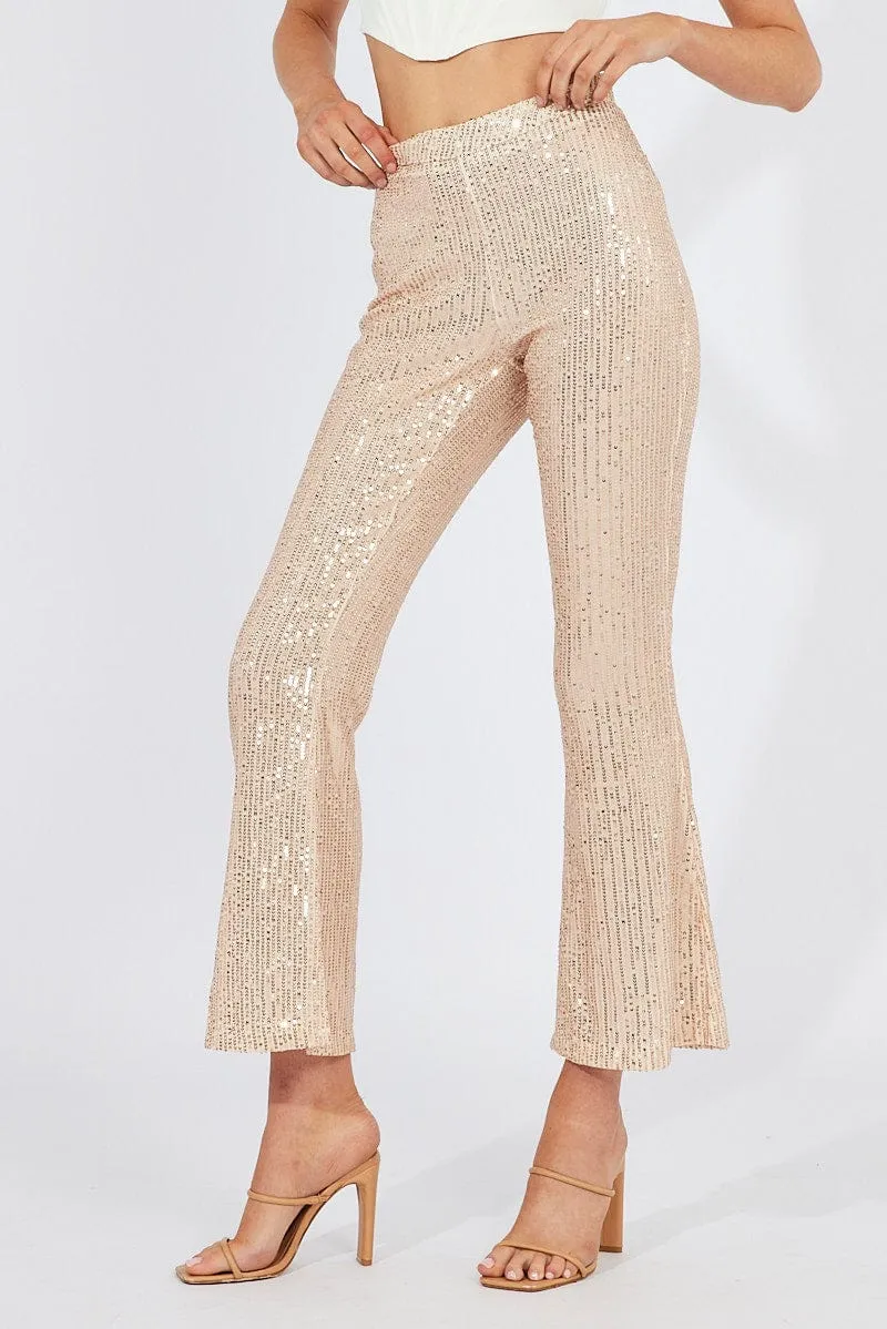 Gold Flare Leg Pants High Rise Metallic Sporty Comfort
