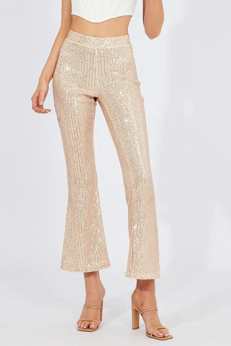 Hidden Zip Pockets Curved Waistline Gold Flare Leg Pants High Rise Metallic