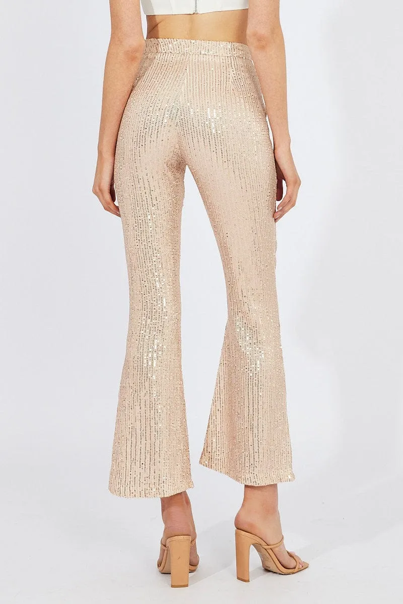 Gold Flare Leg Pants High Rise Metallic elastic waistband Stylish Cut