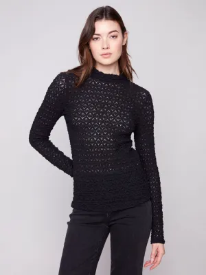 UV Protection Fabric Lace Mock Neck Top - Black