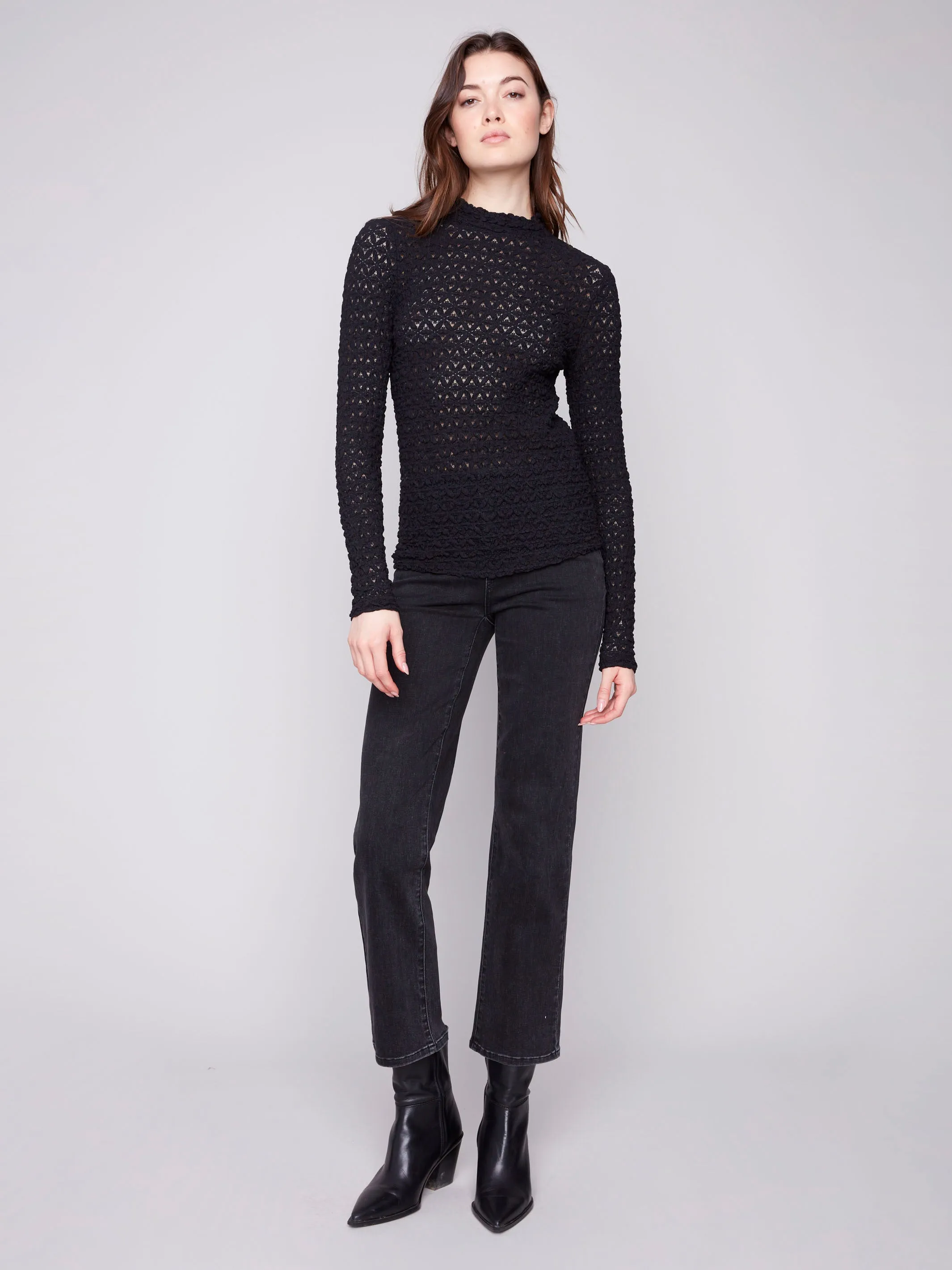 Cozy and Soft Wedding Lace Mock Neck Top - Black