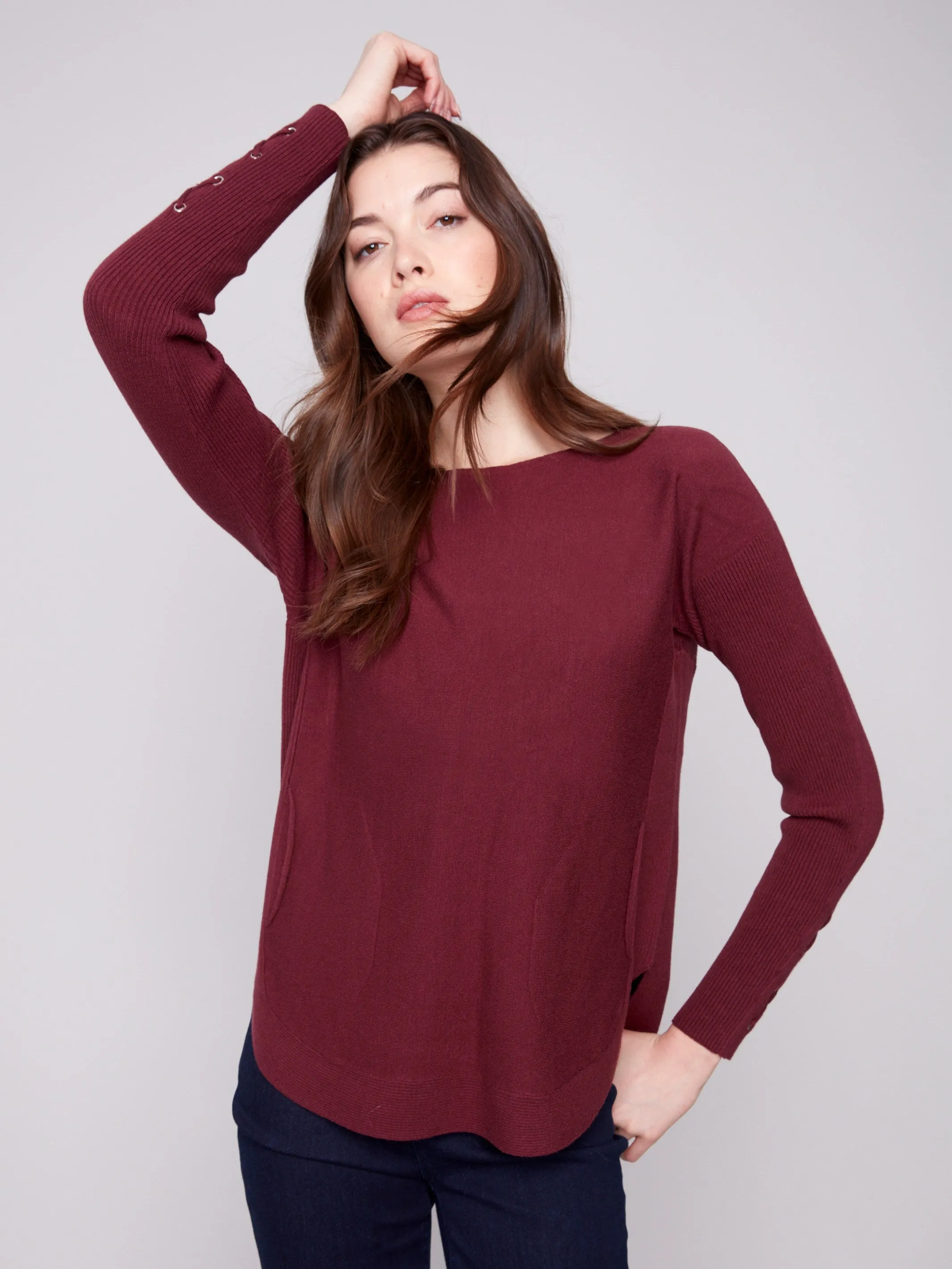 Cold-Weather Layer Snuggly Knit Knit Sweater With Lace-Up Cuffs - Cabernet