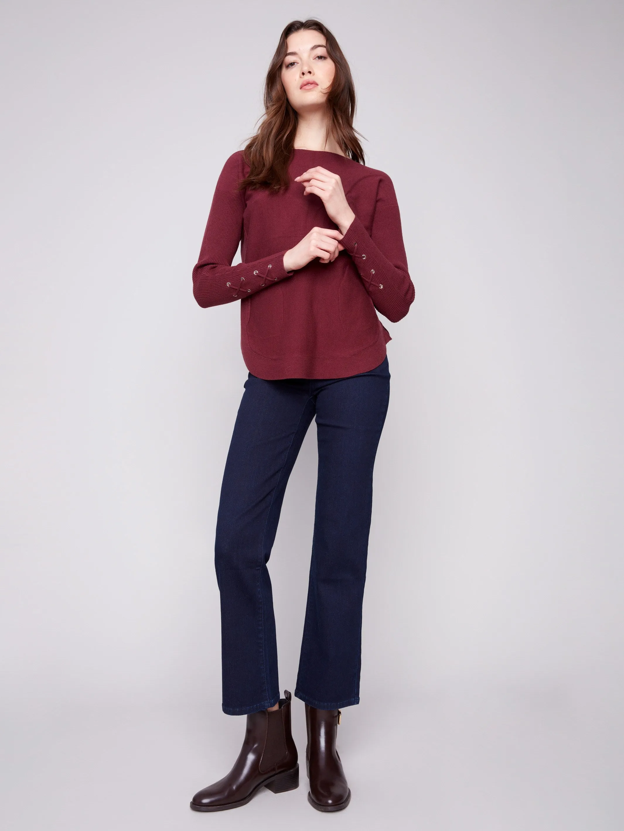 Knit Sweater With Lace-Up Cuffs - Cabernet Anti Pilling Treatment Functional Layers
