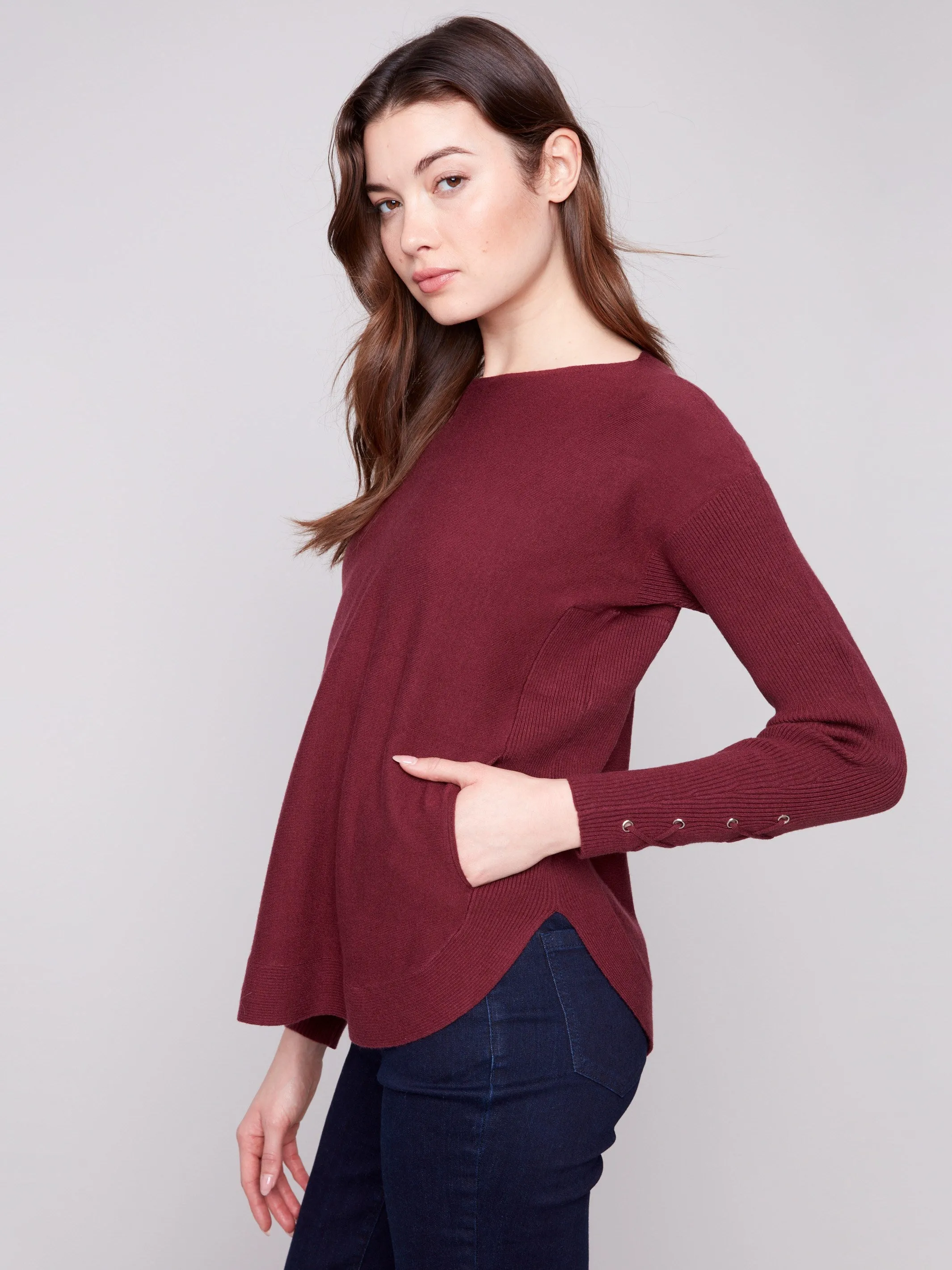 Sleek Knit Knitwear Choice Knit Sweater With Lace-Up Cuffs - Cabernet