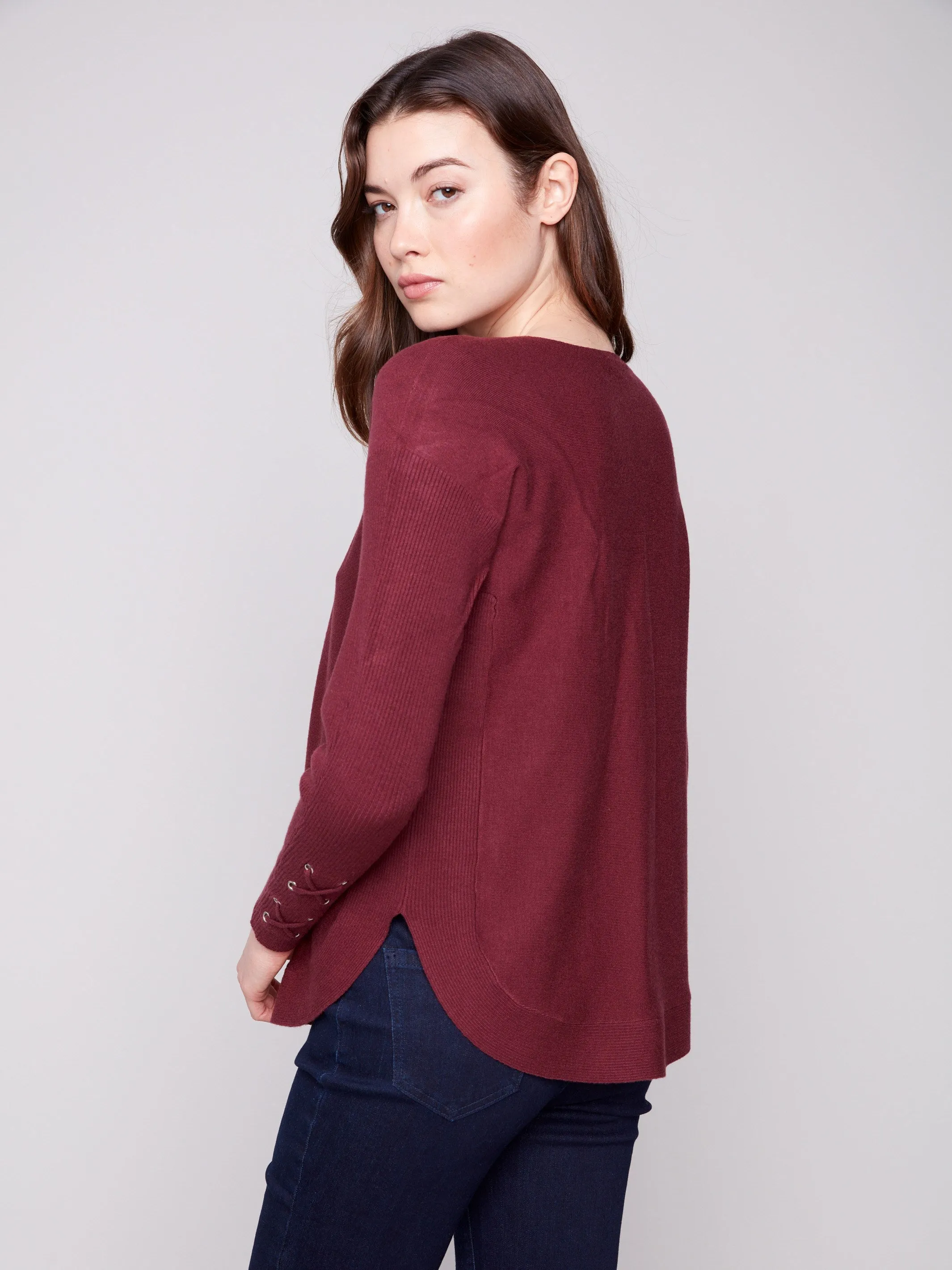 Knit Sweater With Lace-Up Cuffs - Cabernet Fashion Forward