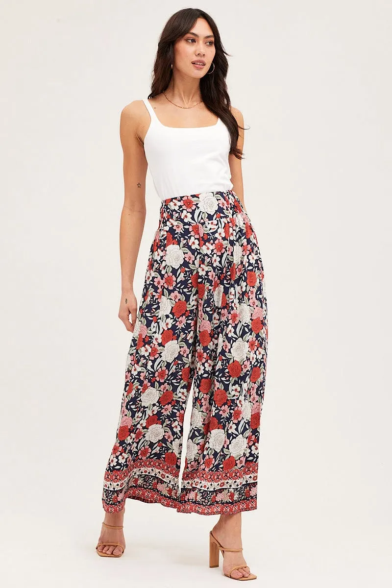 Boho Print Wide Leg Pants High Rise Elastic Waist FourWayStretch