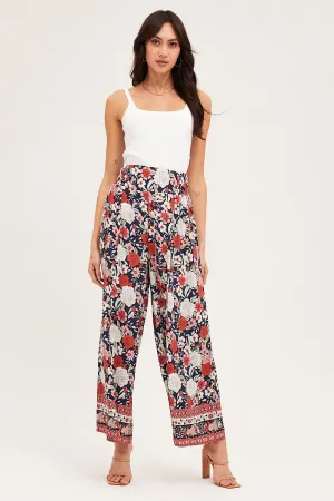 Boho Print Wide Leg Pants High Rise Elastic Waist Heat Dissipating Stretch Fabric