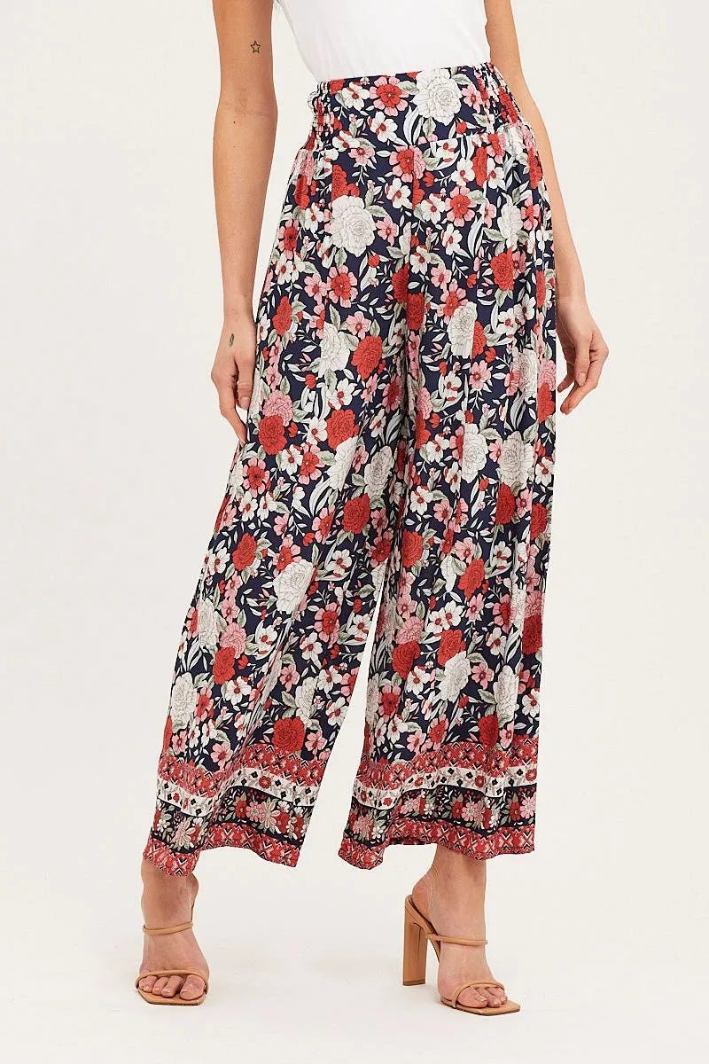 Practical Wear Sweat Resistant Boho Print Wide Leg Pants High Rise Elastic Waist