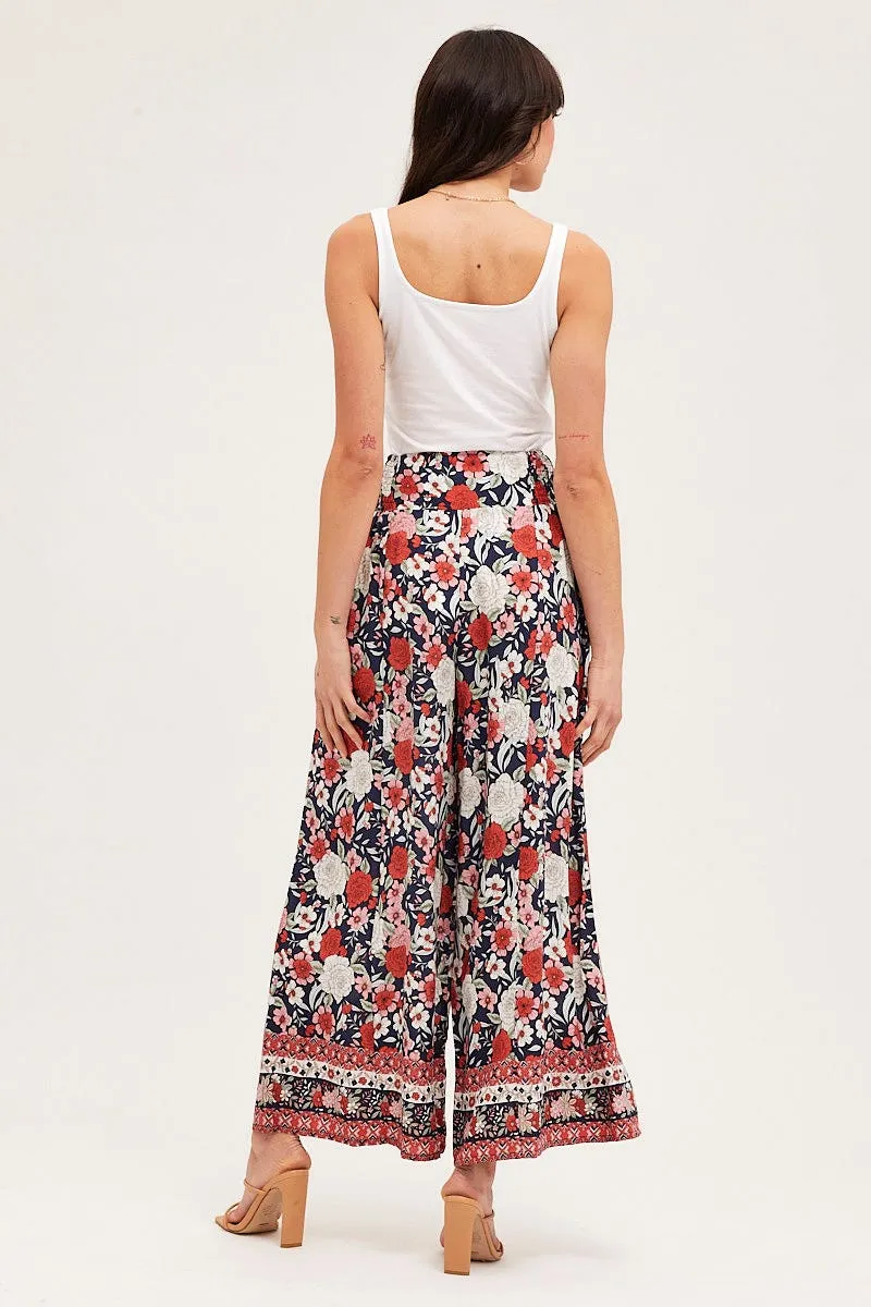 Hidden pockets Boho Print Wide Leg Pants High Rise Elastic Waist