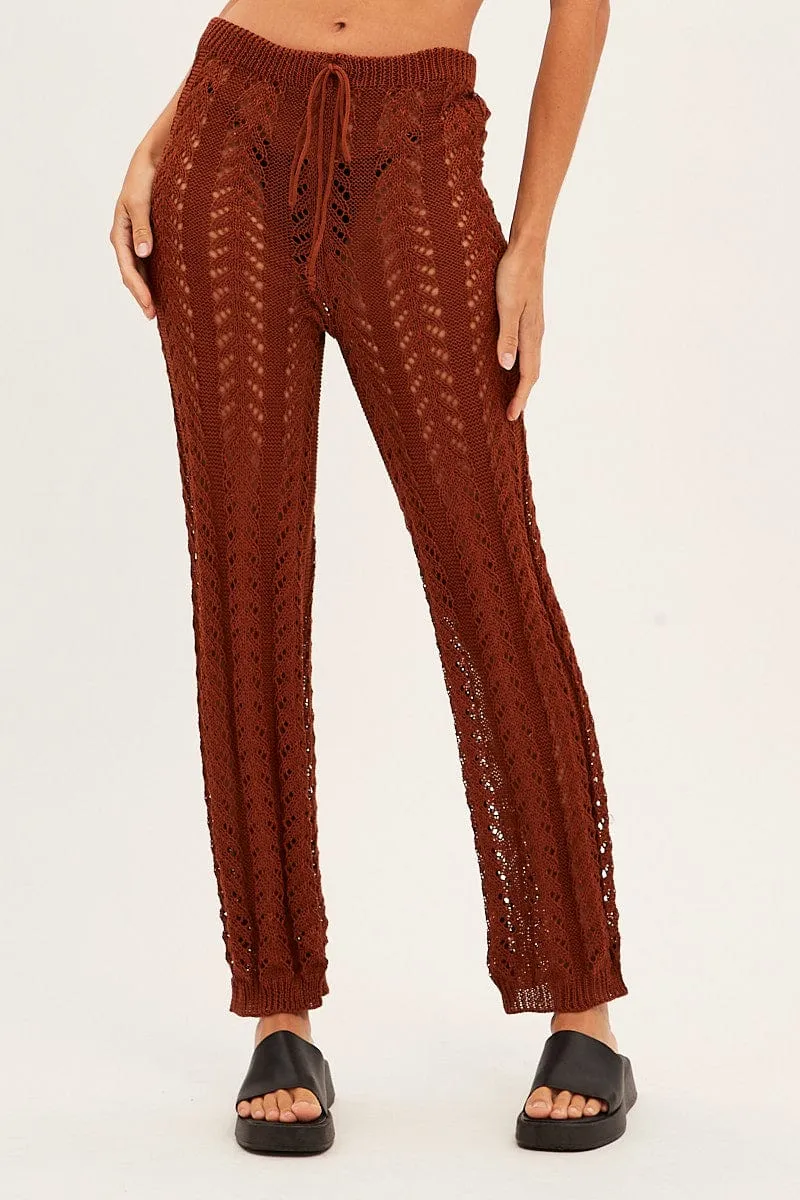 Brown Crochet Knit Pants Beachwear Odor Resistant Non Binding Cuffs