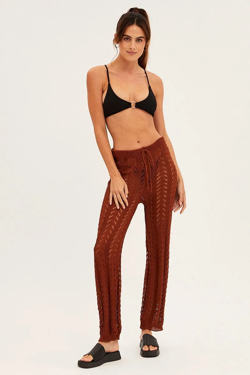 Reflective Trim Brown Crochet Knit Pants Beachwear