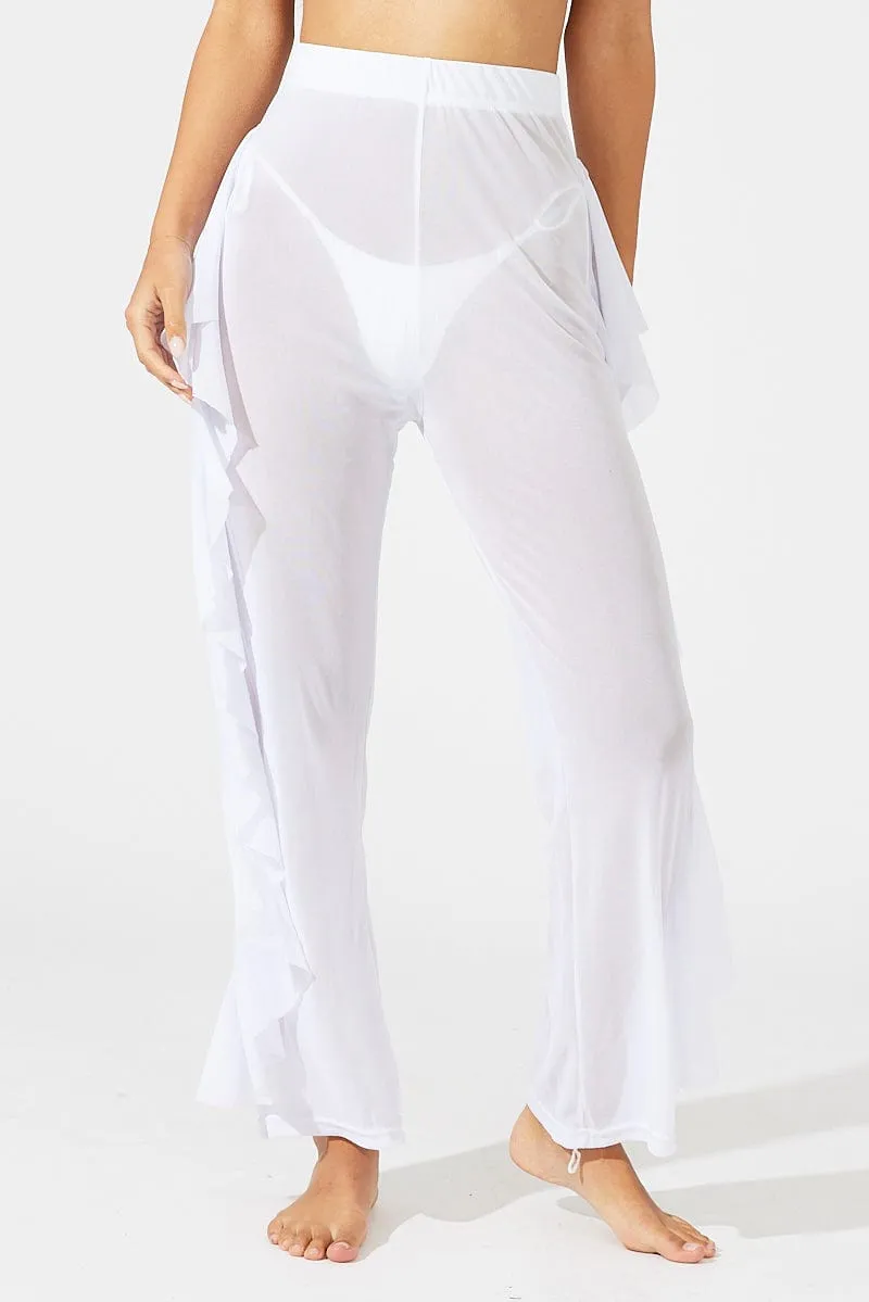 White Ruffle Beach Pants Chilly Day Comfort NonSlipInnerGrip