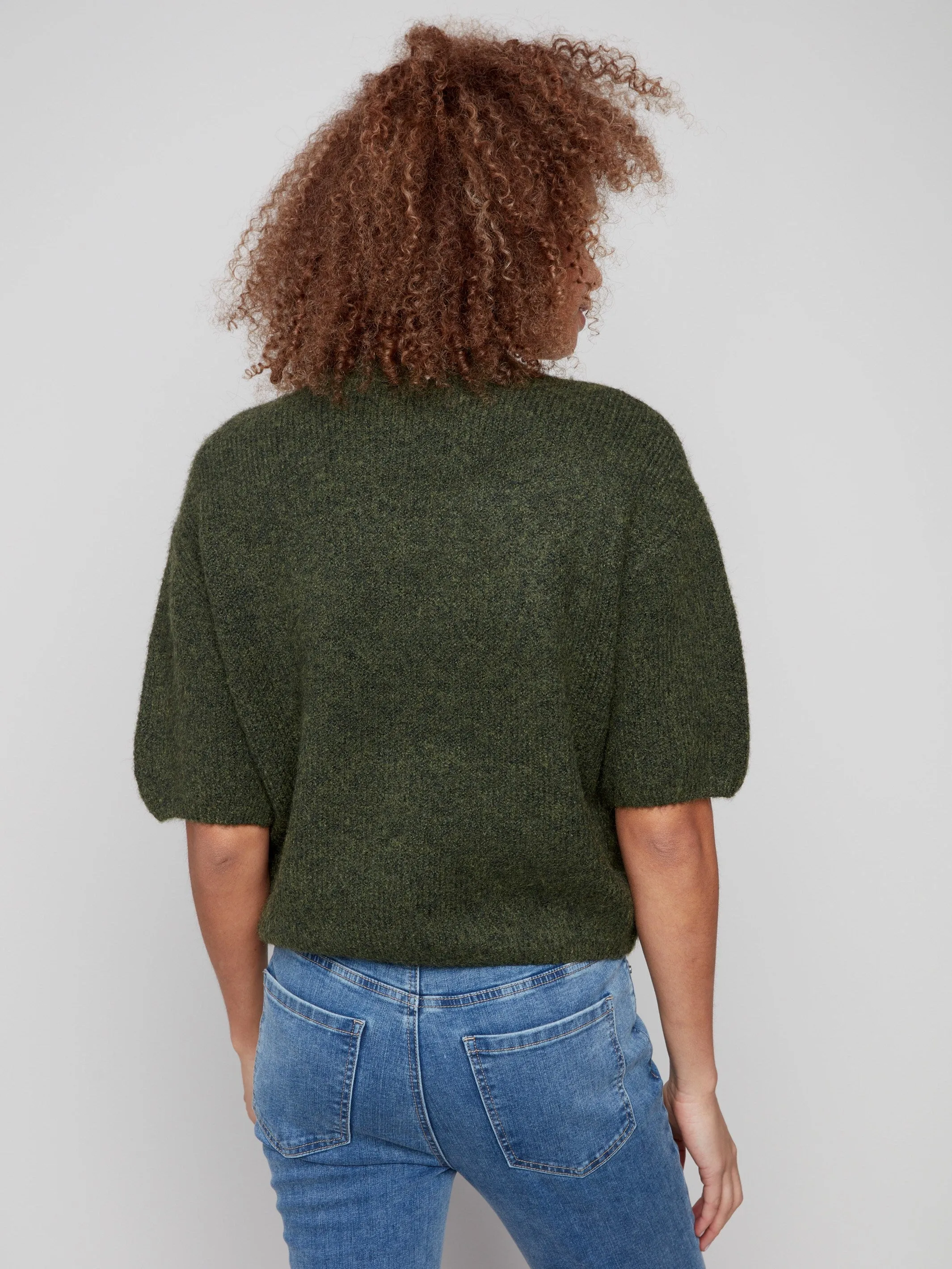Balloon Elbow Sleeve Knit Sweater - Spruce Snug Fit Knit Comfy Knit Look