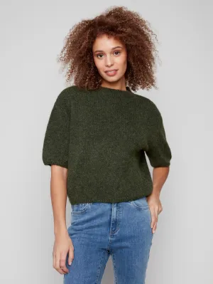 Outdoor Style Double Layered Collars Balloon Elbow Sleeve Knit Sweater - Spruce