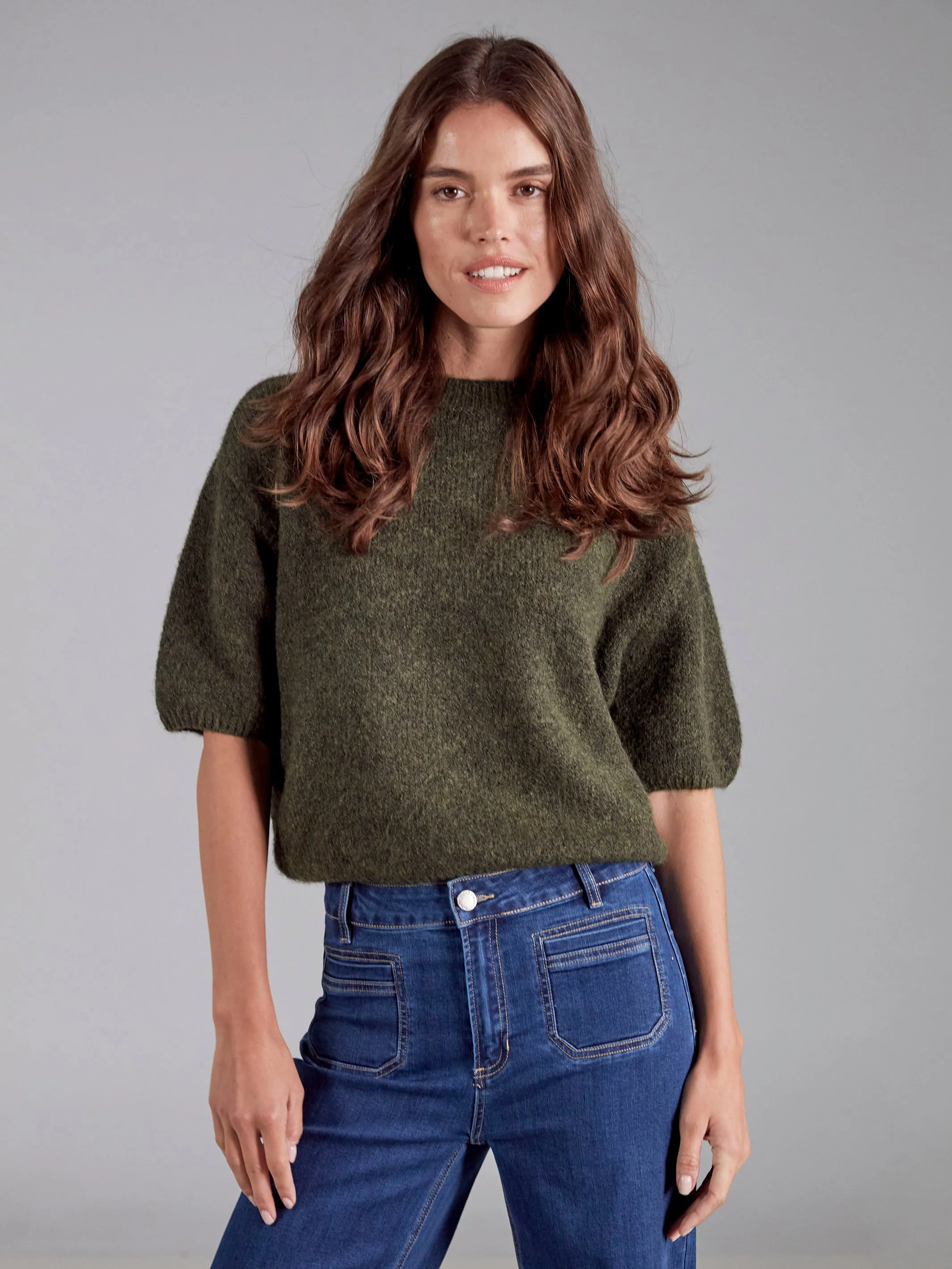 Relaxed Wearable Easy Care Fabric Balloon Elbow Sleeve Knit Sweater - Spruce