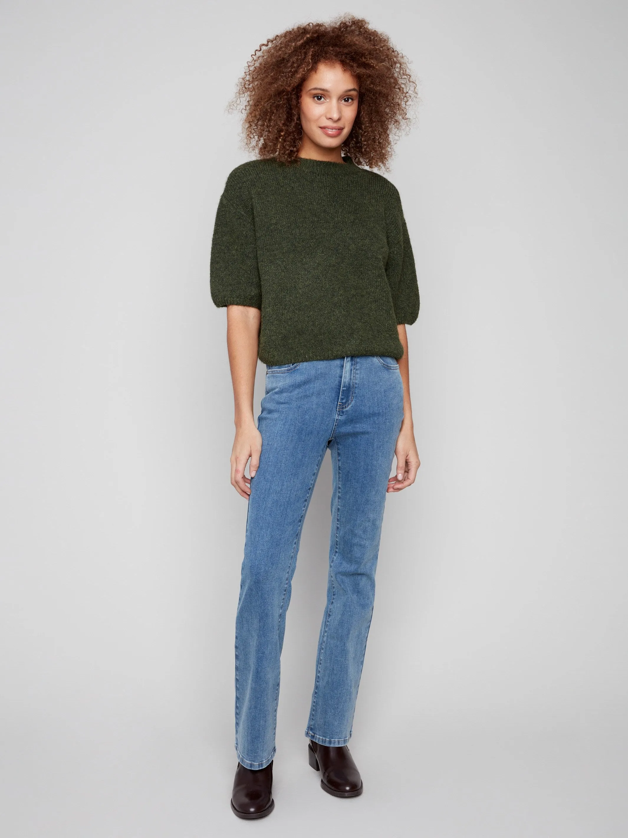 Relaxed Wearable Knit Style Balloon Elbow Sleeve Knit Sweater - Spruce