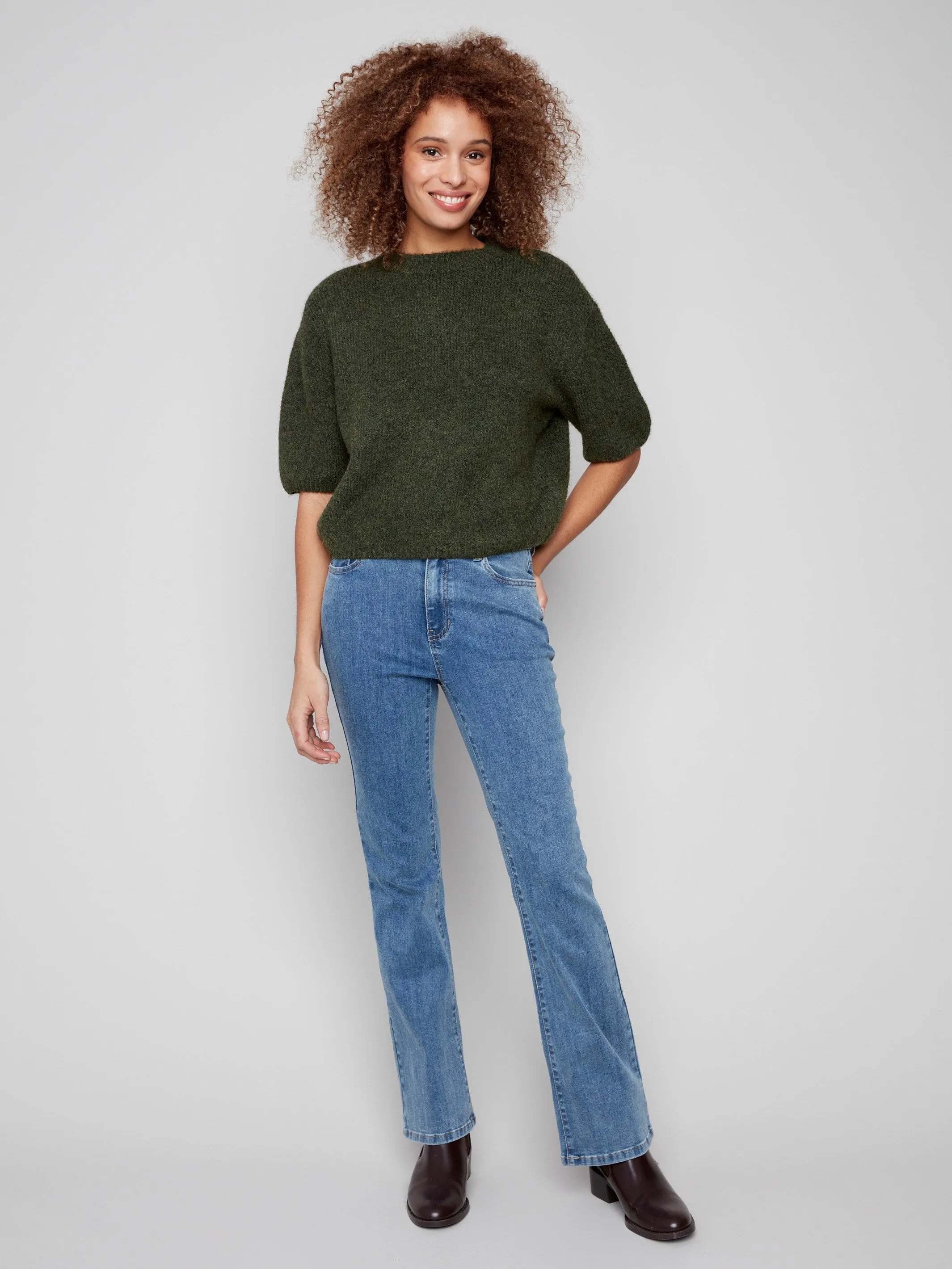 Balloon Elbow Sleeve Knit Sweater - Spruce Moisture wicking
