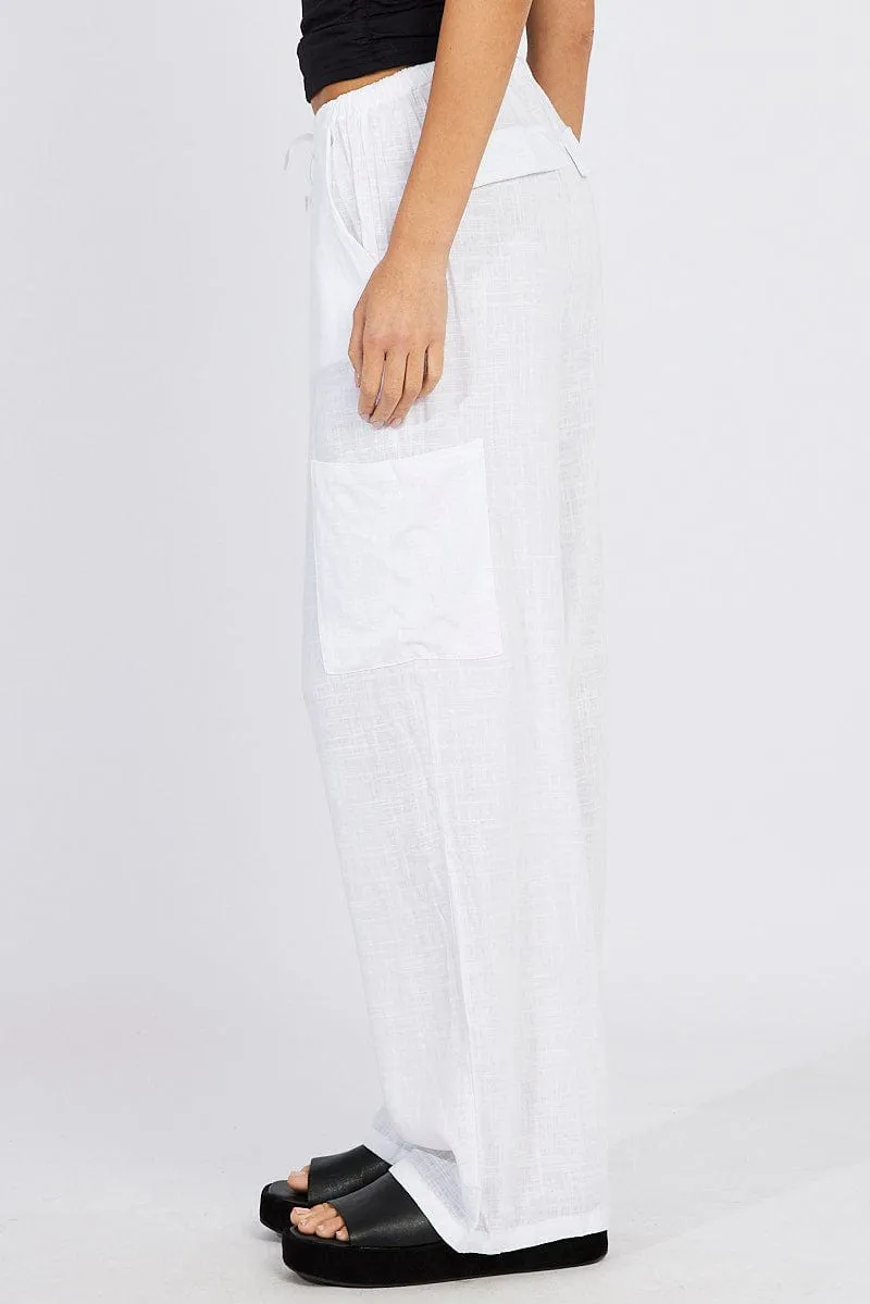 White Wide Leg Pants Mid Rise Linen Blend Zip-off legs