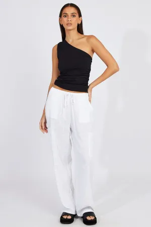 Relaxed Look White Wide Leg Pants Mid Rise Linen Blend