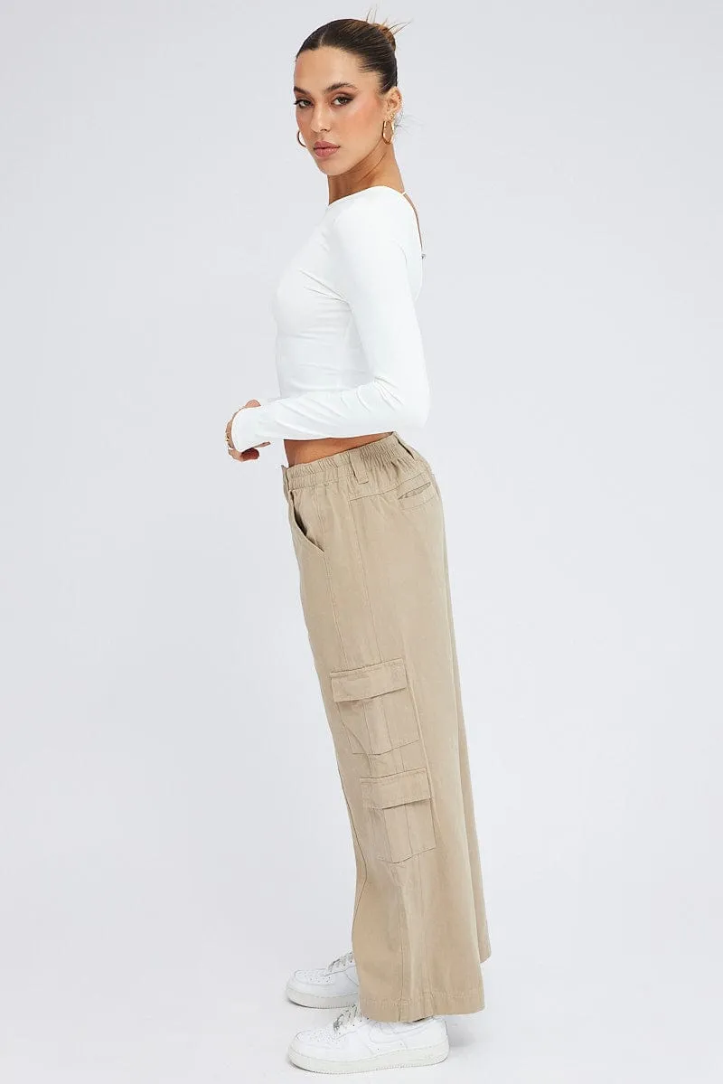 Beige Cargo Pants Mid Rise Lightweight Material