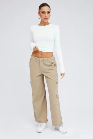 Laser Cut Perforations Beige Cargo Pants Mid Rise
