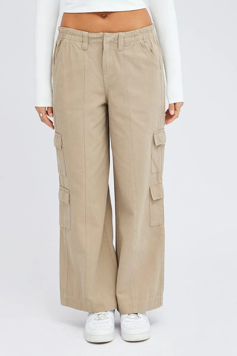 Beige Cargo Pants Mid Rise Lightweight Weave