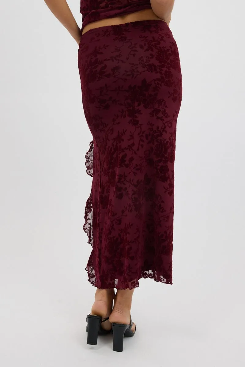 Modern Outfit Weekend Ready Red Maxi Skirt High Rise Ruffle Frill Hem Burnout