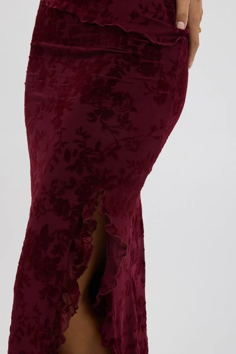 Urban Pulse Red Maxi Skirt High Rise Ruffle Frill Hem Burnout