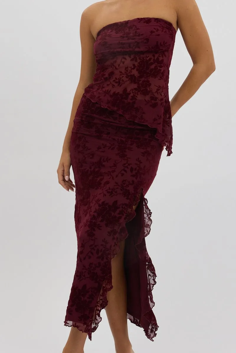 Red Maxi Skirt High Rise Ruffle Frill Hem Burnout Relaxed Look Comfort First